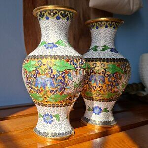 Pair Vintage Chinese Cloisonné 7.25" Vases White Gold Floral Enamel Brass Trim
